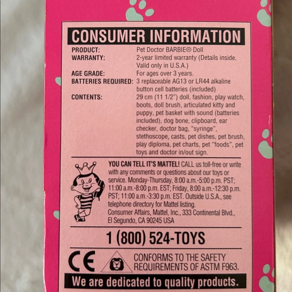 Vintage 1996 Mattel Barbie Pet Doctor Doll Pink White Teal